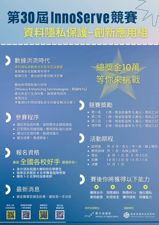 【轉知】2025第30屆大專校院資訊應用服務創新競賽資料隱私保護-創新應用組鼓勵學生踴躍報名參賽